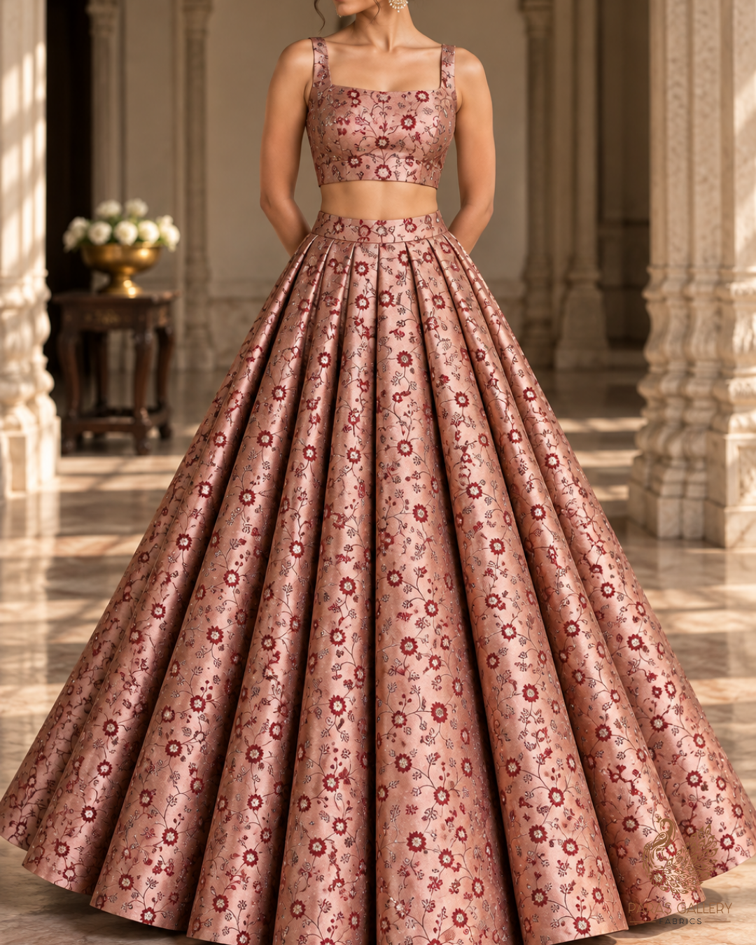 Onion Pink Banarasi Brocade Fabric With All Over Thread And Zari Handloom 24508
