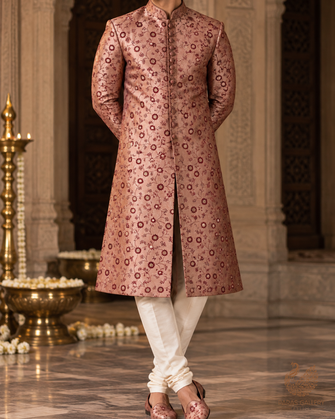 Onion Pink Banarasi Brocade Fabric With All Over Thread And Zari Handloom 24508