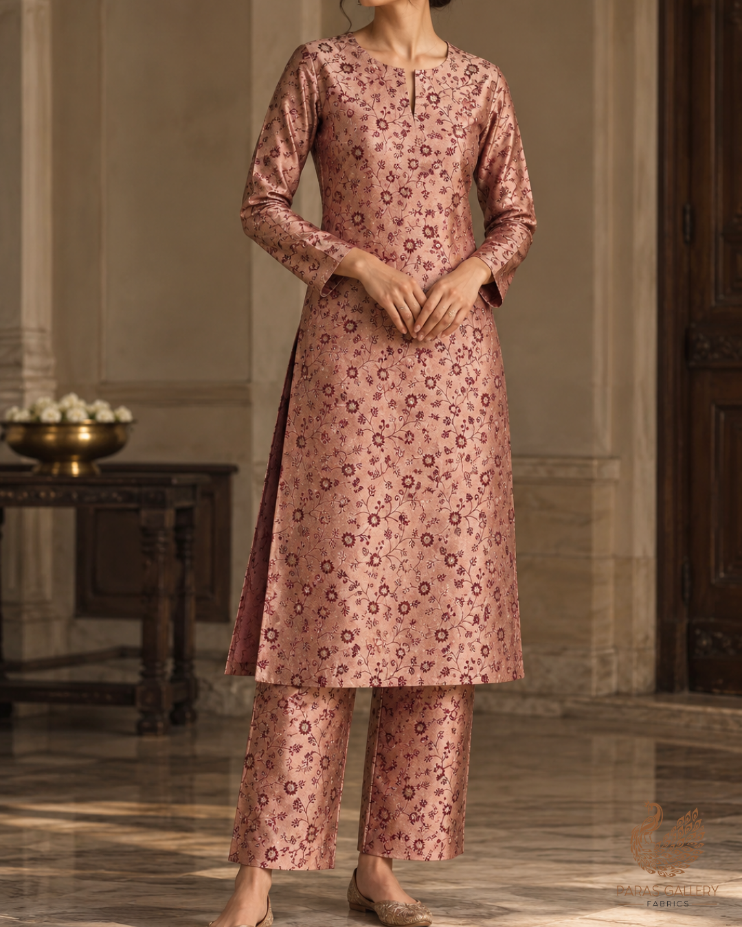 Onion Pink Banarasi Brocade Fabric With All Over Thread And Zari Handloom 24508