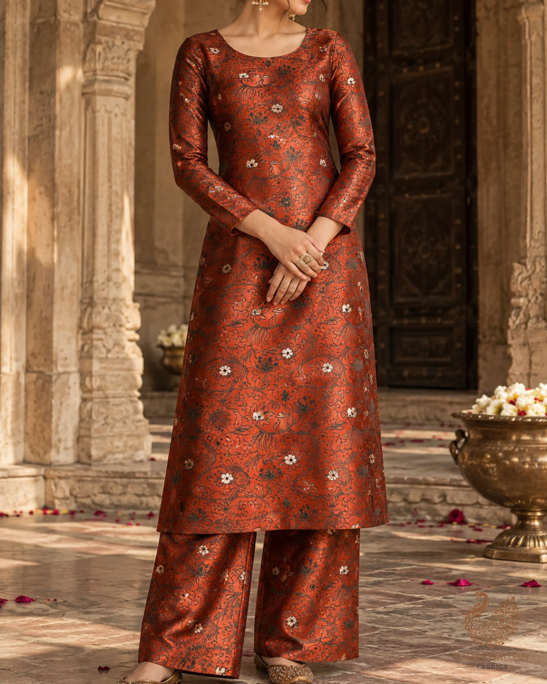 Brown Banarasi Brocade Fabric With All Over Thread And Zari Handloom 24510