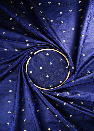 Navy Blue Banarasi Brocade Fabric With All Over Thread And Zari Handloom 24511