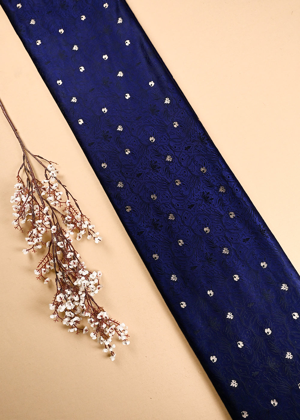 Navy Blue Banarasi Brocade Fabric With All Over Thread And Zari Handloom 24511