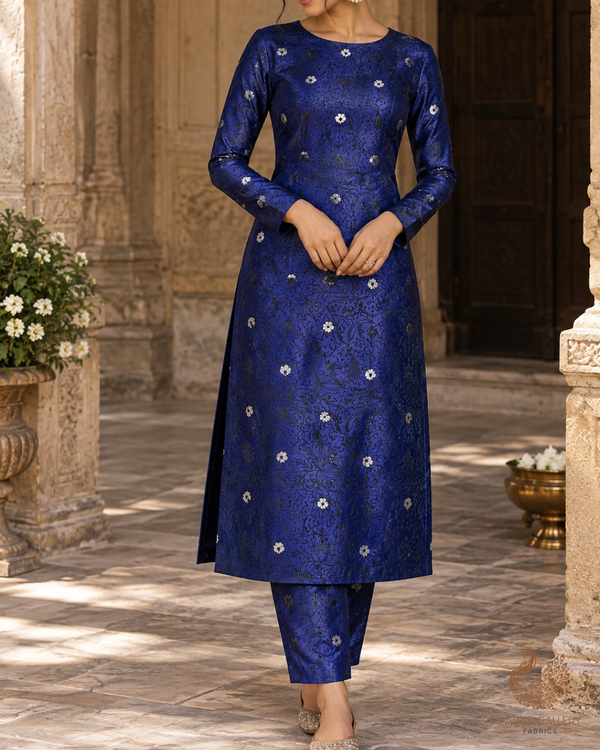 Navy Blue Banarasi Brocade Fabric With All Over Thread And Zari Handloom 24511