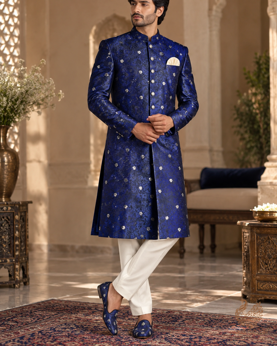 Navy Blue Banarasi Brocade Fabric With All Over Thread And Zari Handloom 24511