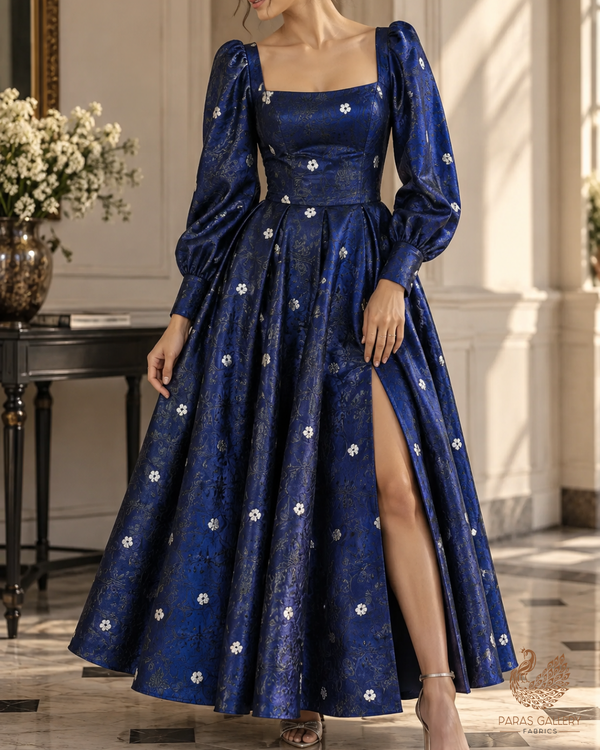 Navy Blue Banarasi Brocade Fabric With All Over Thread And Zari Handloom 24511