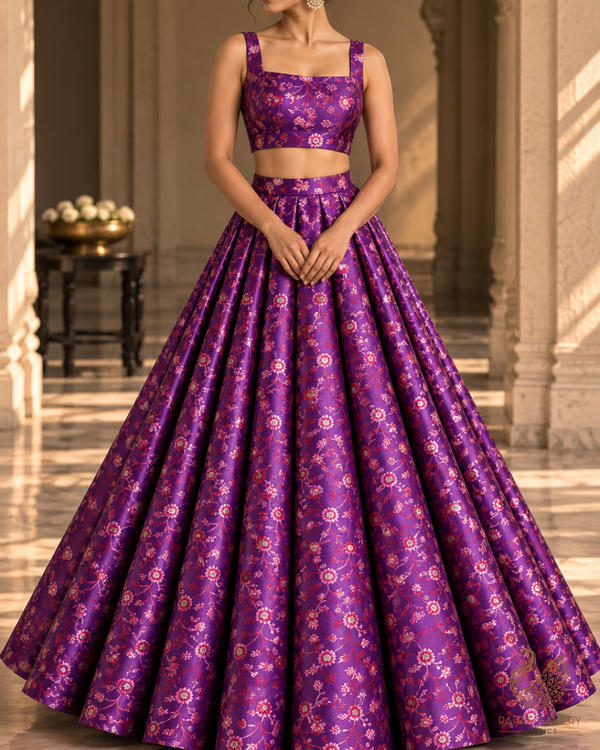 Purple Banarasi Brocade Fabric With All Over Thread And Zari Handloom 24514