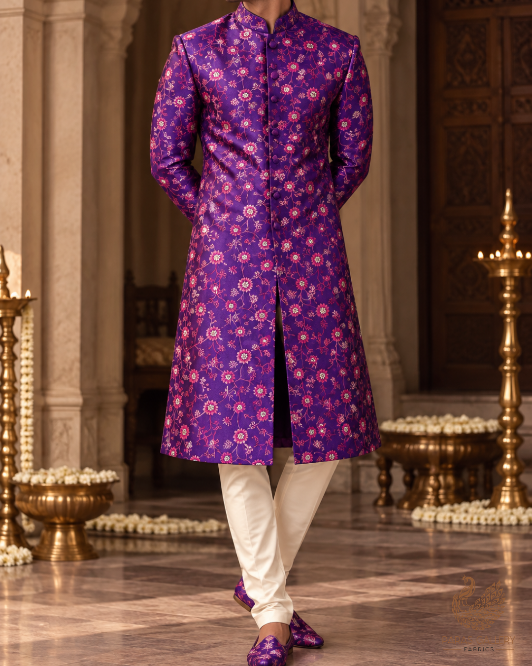 Purple Banarasi Brocade Fabric With All Over Thread And Zari Handloom 24514