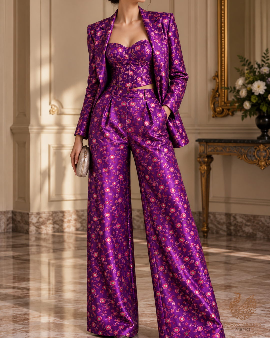 Purple Banarasi Brocade Fabric With All Over Thread And Zari Handloom 24514