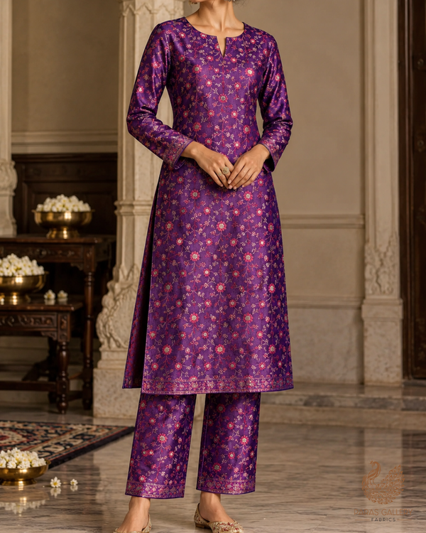 Purple Banarasi Brocade Fabric With All Over Thread And Zari Handloom 24514