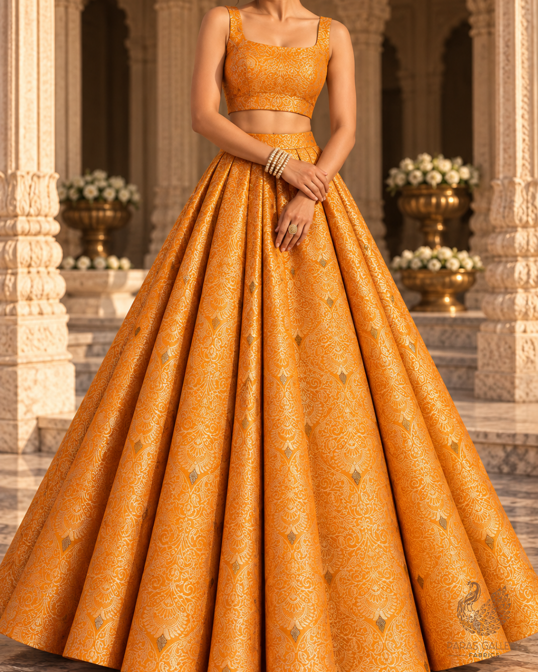 Yellow Banarasi Brocade Fabric With All Over Thread And Zari Handloom 24515
