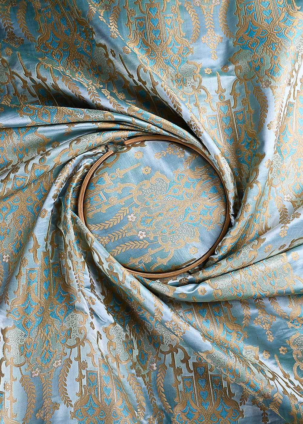Blue Banarasi Brocade Fabric With All Over Thread And Zari Handloom 24517