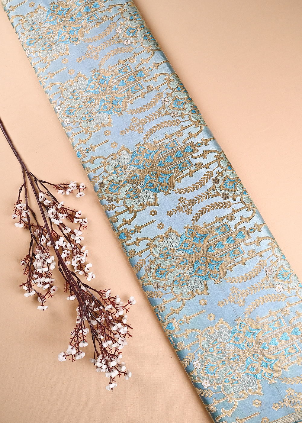 Blue Banarasi Brocade Fabric With All Over Thread And Zari Handloom 24517