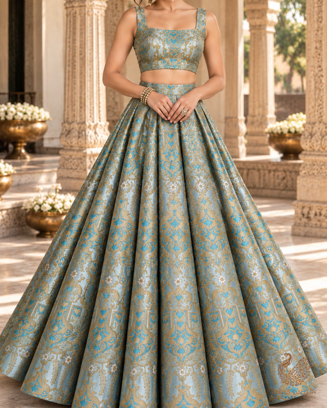 Blue Banarasi Brocade Fabric With All Over Thread And Zari Handloom 24517