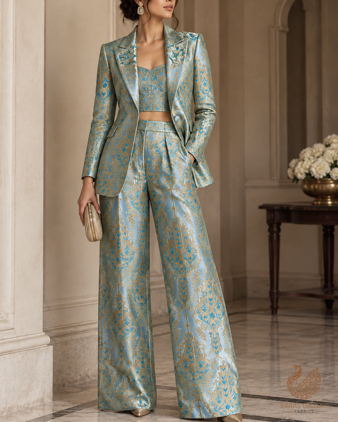 Blue Banarasi Brocade Fabric With All Over Thread And Zari Handloom 24517