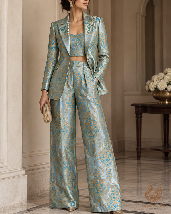 Blue Banarasi Brocade Fabric With All Over Thread And Zari Handloom 24517