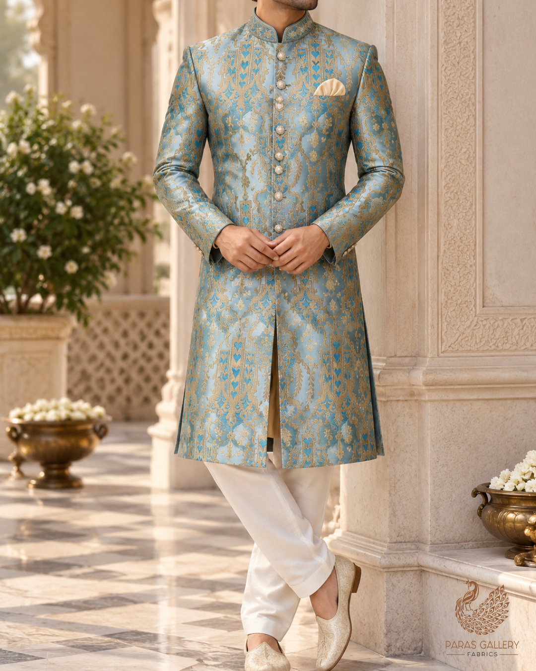 Blue Banarasi Brocade Fabric With All Over Thread And Zari Handloom 24517