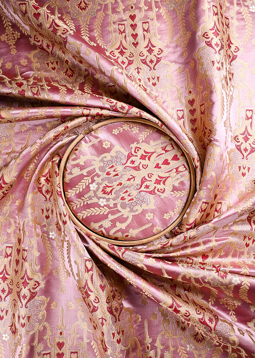 Pink Banarasi Brocade Fabric With All Over Thread And Zari Handloom 24518