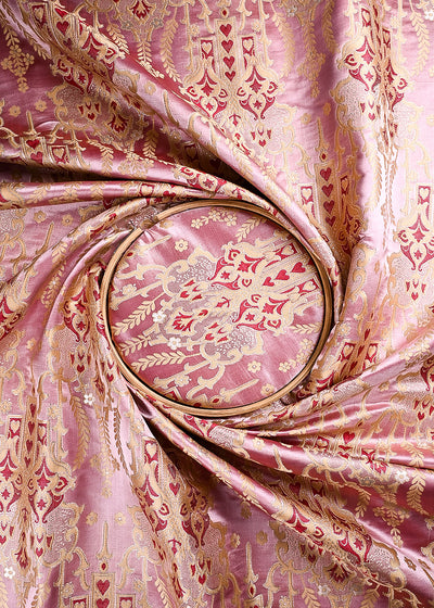 Pink Banarasi Brocade Fabric With All Over Thread And Zari Handloom 24518