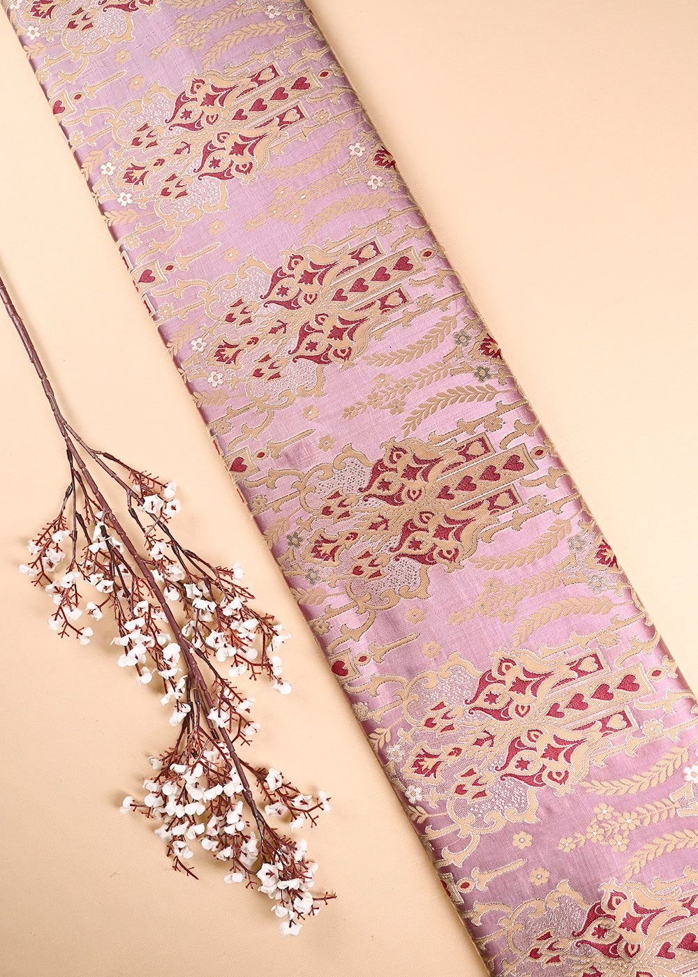 Pink Banarasi Brocade Fabric With All Over Thread And Zari Handloom 24518