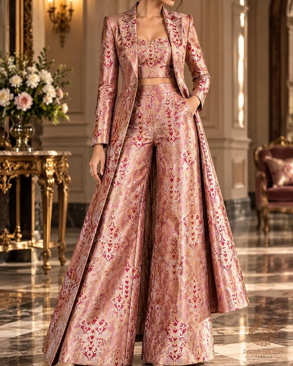 Pink Banarasi Brocade Fabric With All Over Thread And Zari Handloom 24518