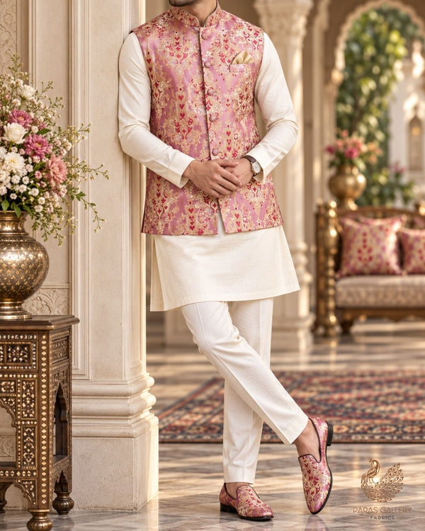 Pink Banarasi Brocade Fabric With All Over Thread And Zari Handloom 24518
