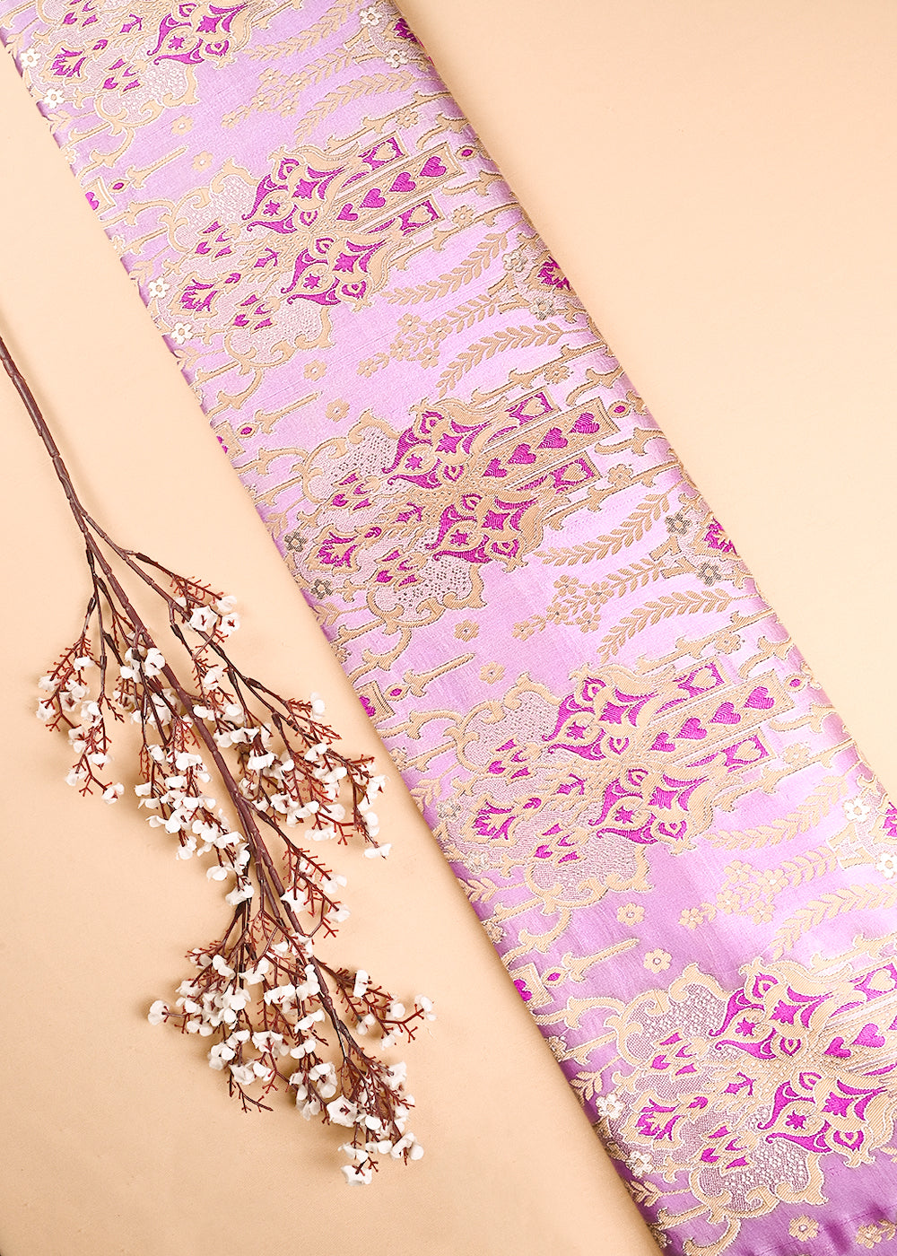 Lavender Banarasi Brocade Fabric With All Over Thread And Zari Handloom 24519