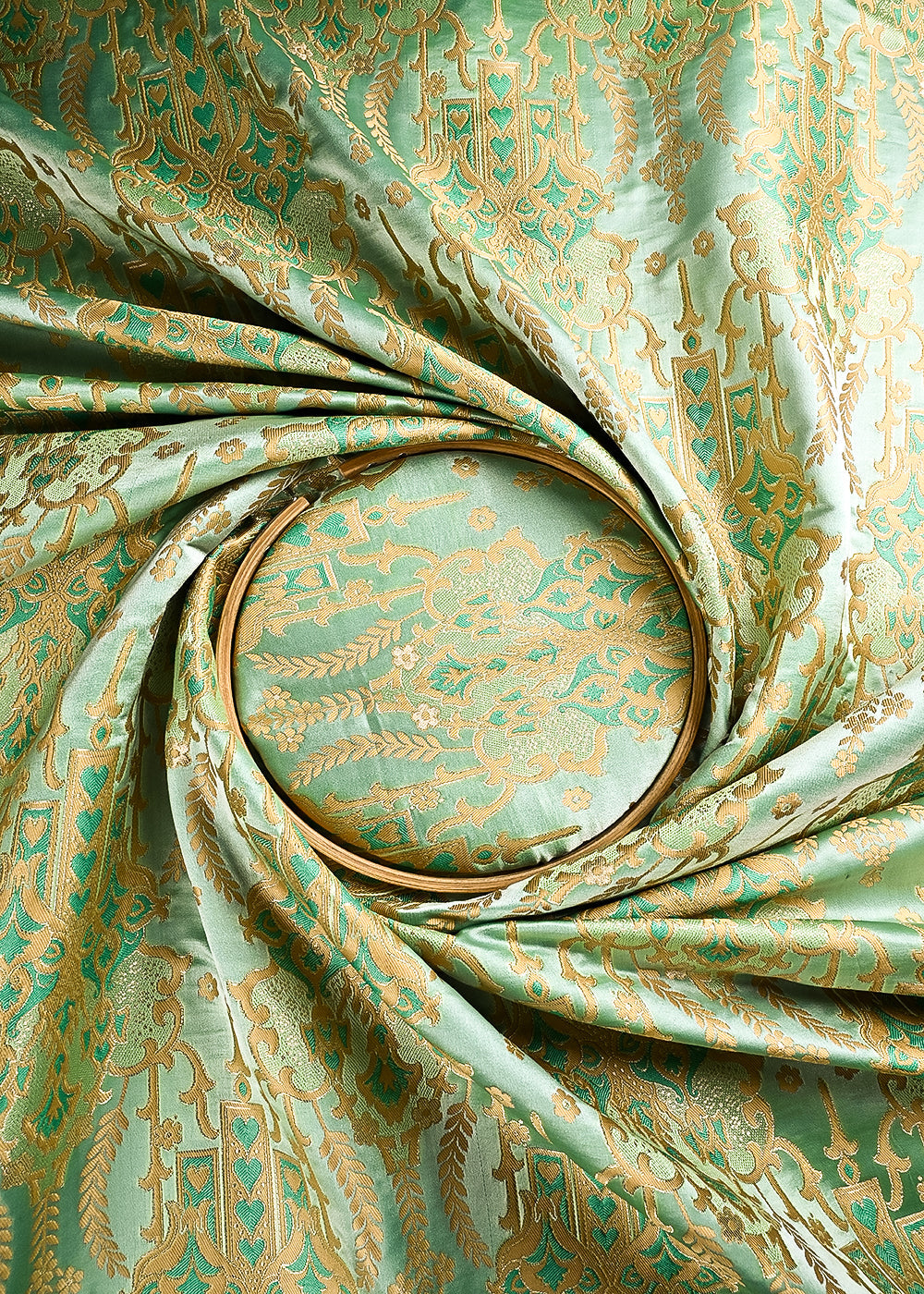 Sea Green Banarasi Brocade Fabric With All Over Thread And Zari Handloom 24520
