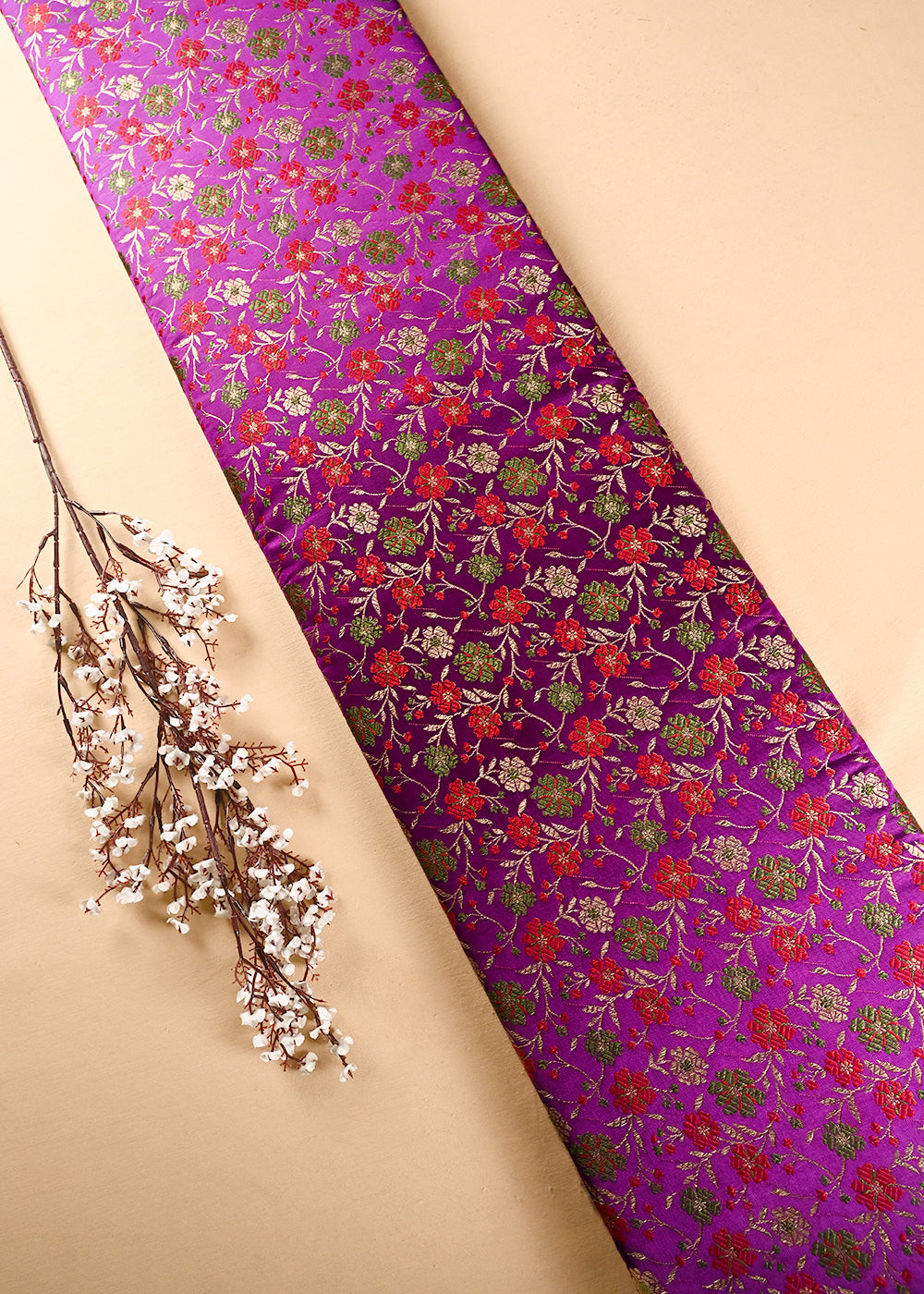 Purple Banarasi Brocade Fabric With All Over Thread And Zari Handloom 24521