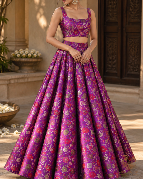 Purple Banarasi Brocade Fabric With All Over Thread And Zari Handloom 24521