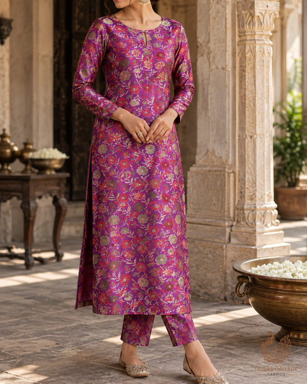 Purple Banarasi Brocade Fabric With All Over Thread And Zari Handloom 24521