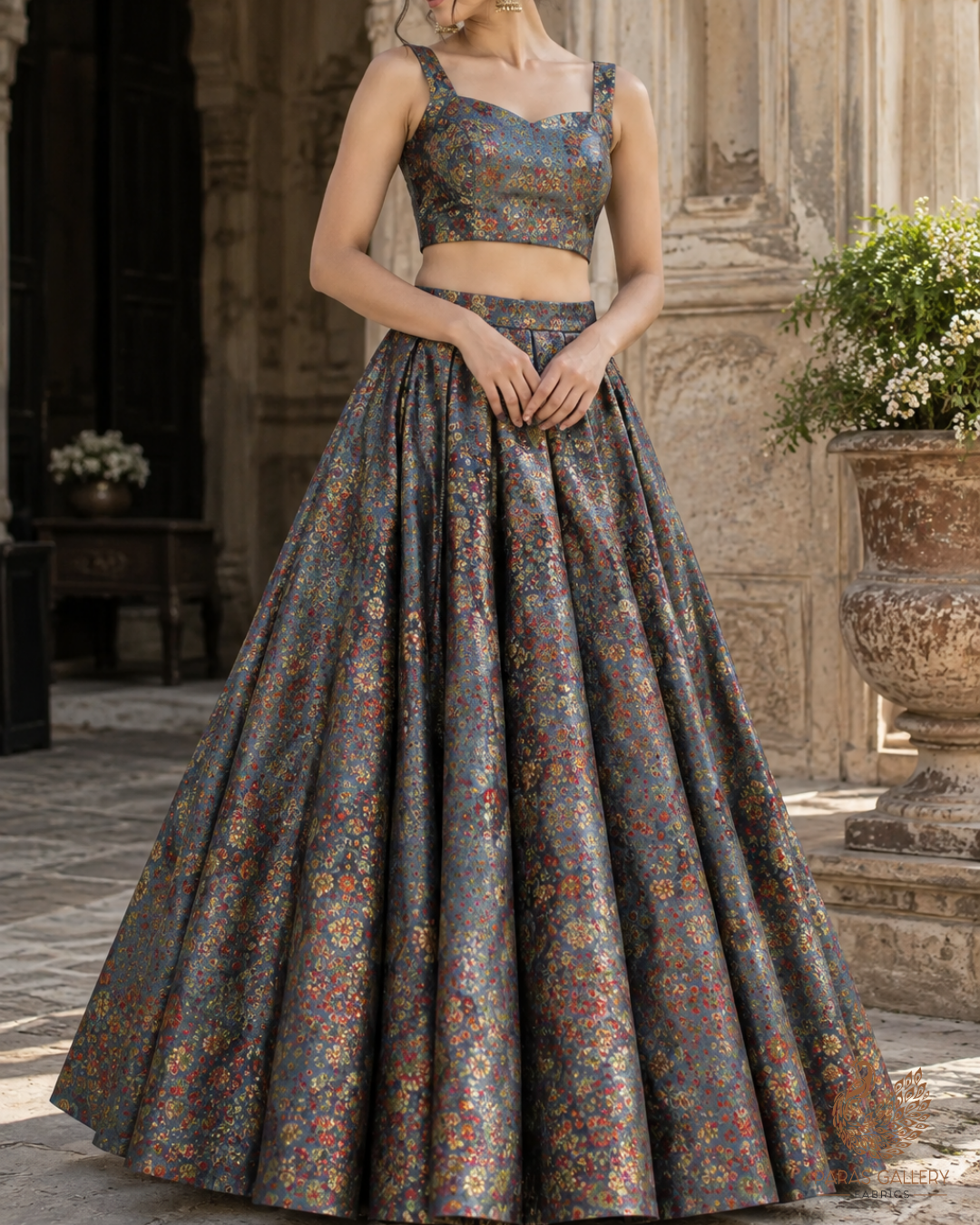 Grey Banarasi Brocade Fabric With All Over Thread And Zari Handloom 24523