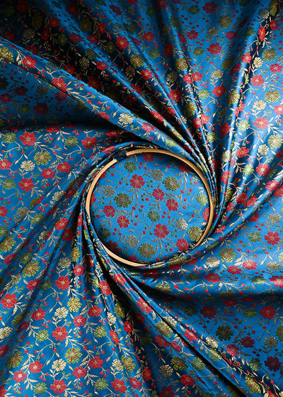 Teal Blue Banarasi Brocade Fabric With All Over Thread And Zari Handloom 24524