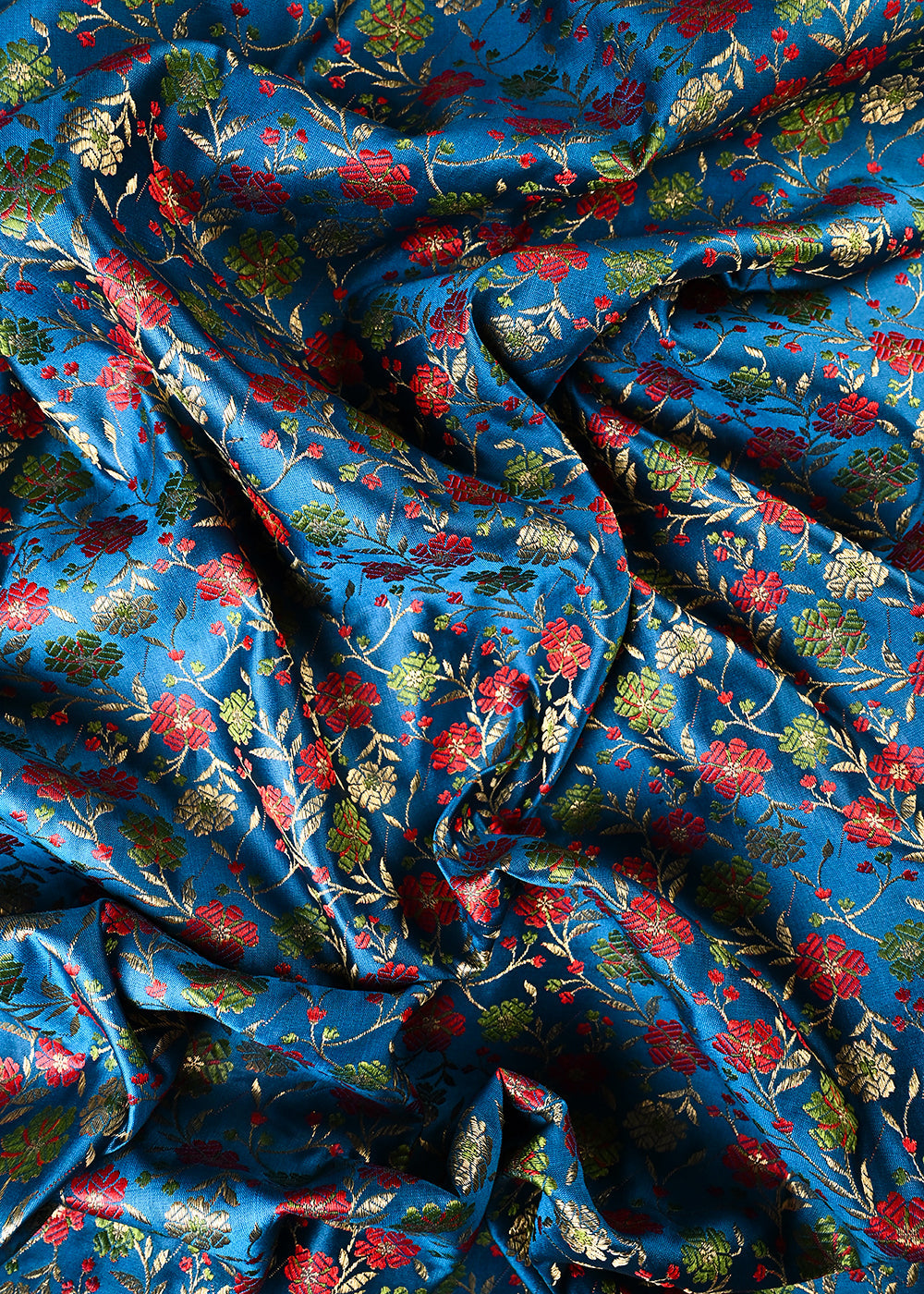Teal Blue Banarasi Brocade Fabric With All Over Thread And Zari Handloom 24524
