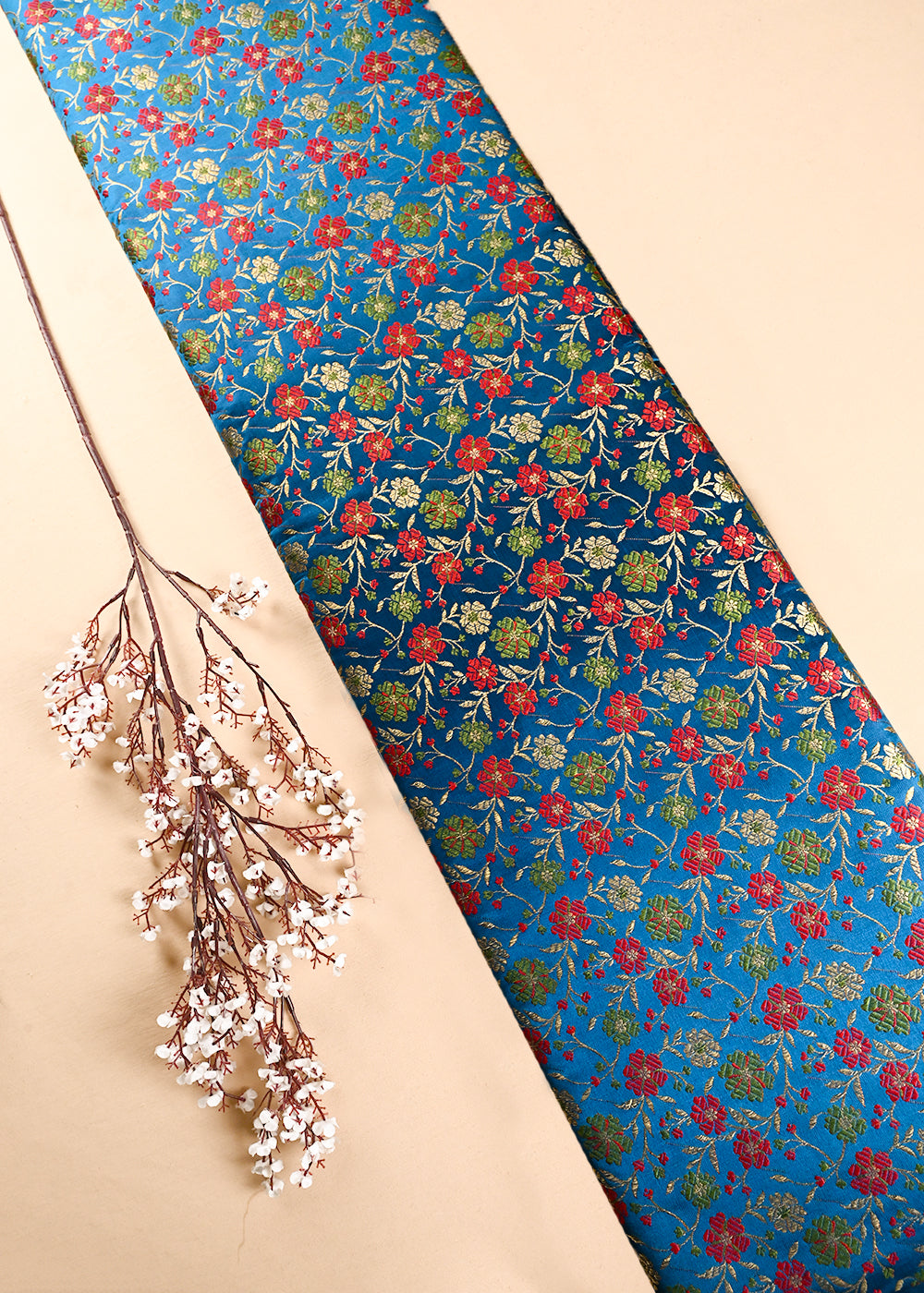 Teal Blue Banarasi Brocade Fabric With All Over Thread And Zari Handloom 24524