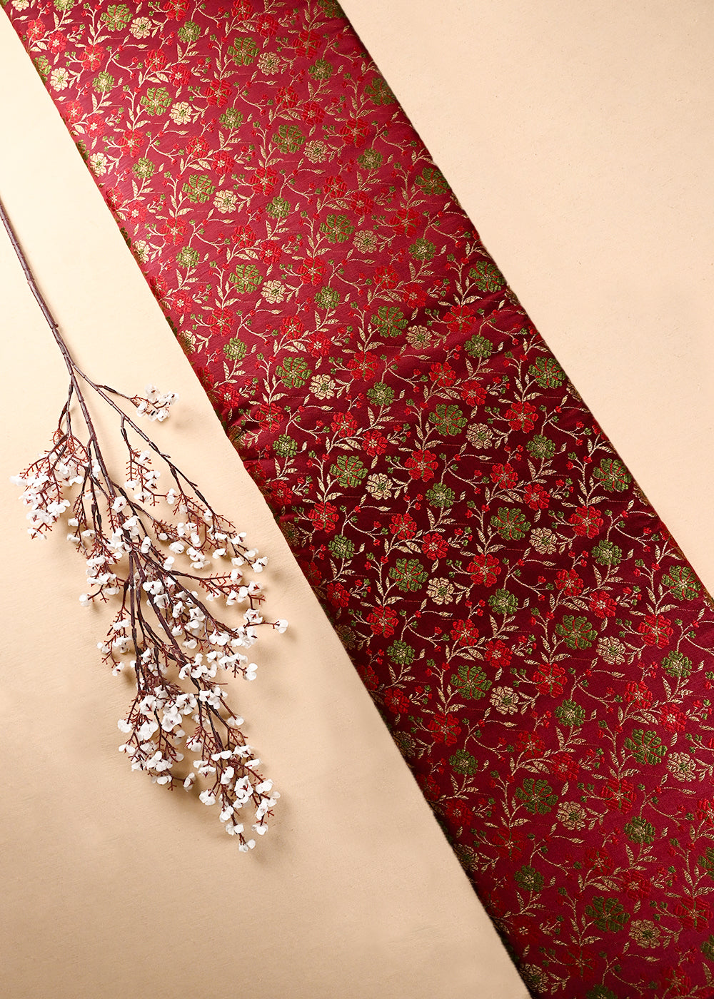 Maroon Banarasi Brocade Fabric With All Over Thread And Zari Handloom 24525