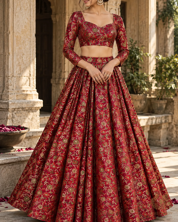 Maroon Banarasi Brocade Fabric With All Over Thread And Zari Handloom 24525