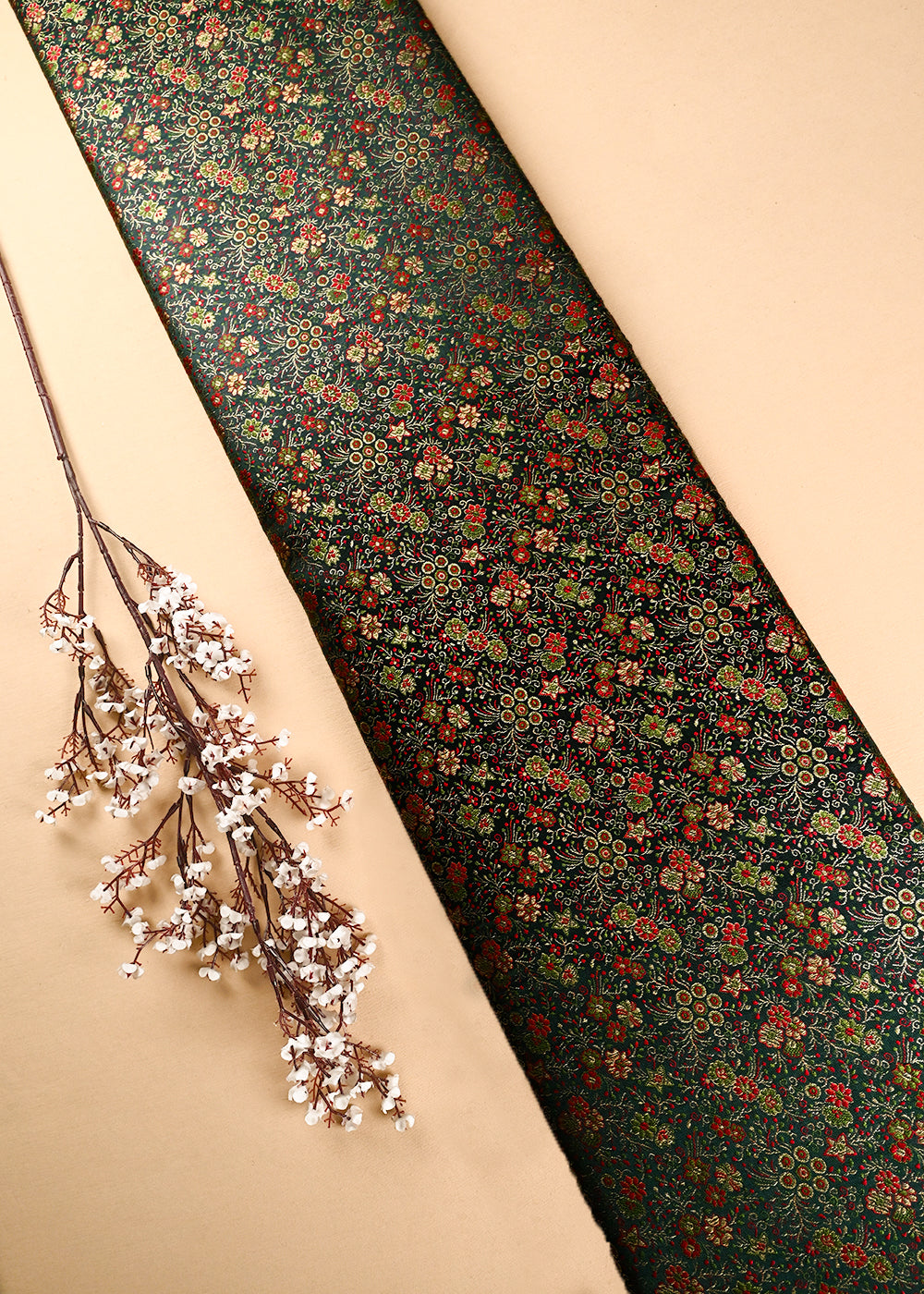 Bottle Green Banarasi Brocade Fabric With All Over Thread And Zari Handloom 24526
