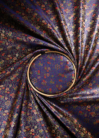 Navy Blue Banarasi Brocade Fabric With All Over Thread And Zari Handloom 24527
