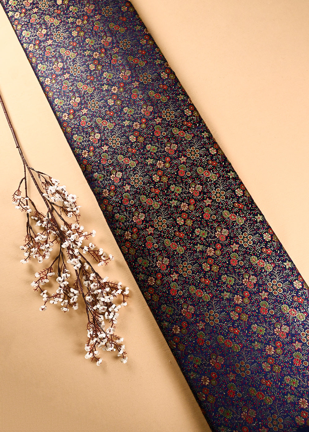 Navy Blue Banarasi Brocade Fabric With All Over Thread And Zari Handloom 24527