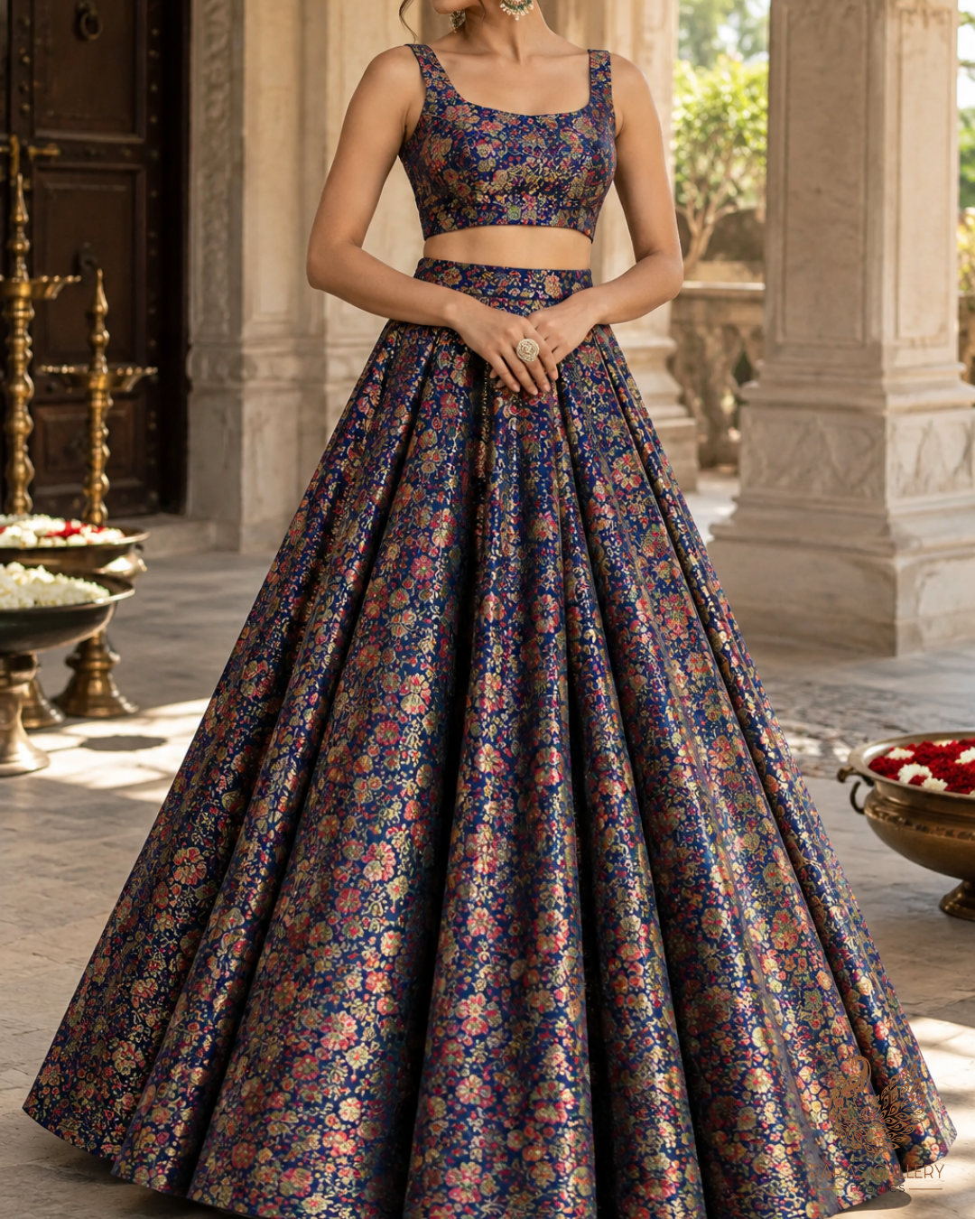 Navy Blue Banarasi Brocade Fabric With All Over Thread And Zari Handloom 24527