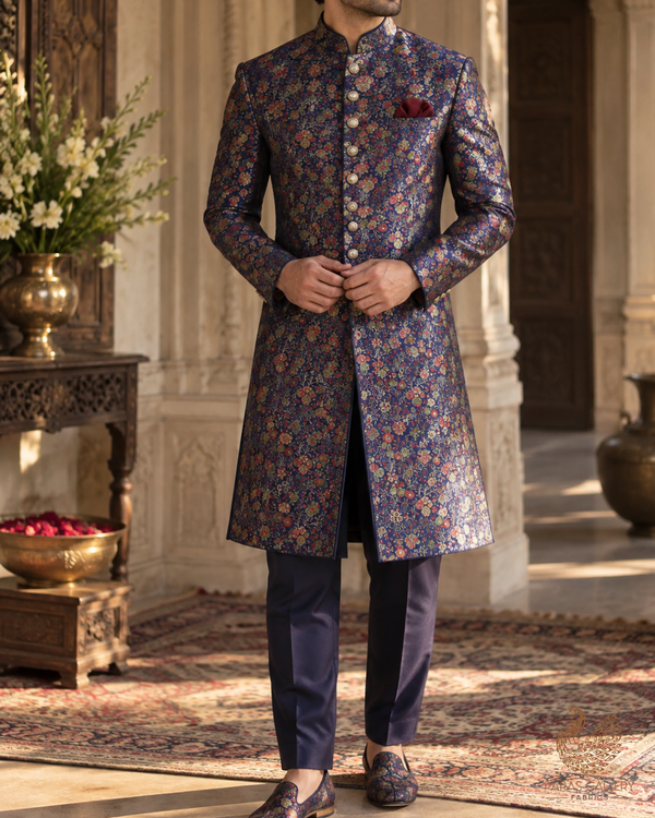 Navy Blue Banarasi Brocade Fabric With All Over Thread And Zari Handloom 24527