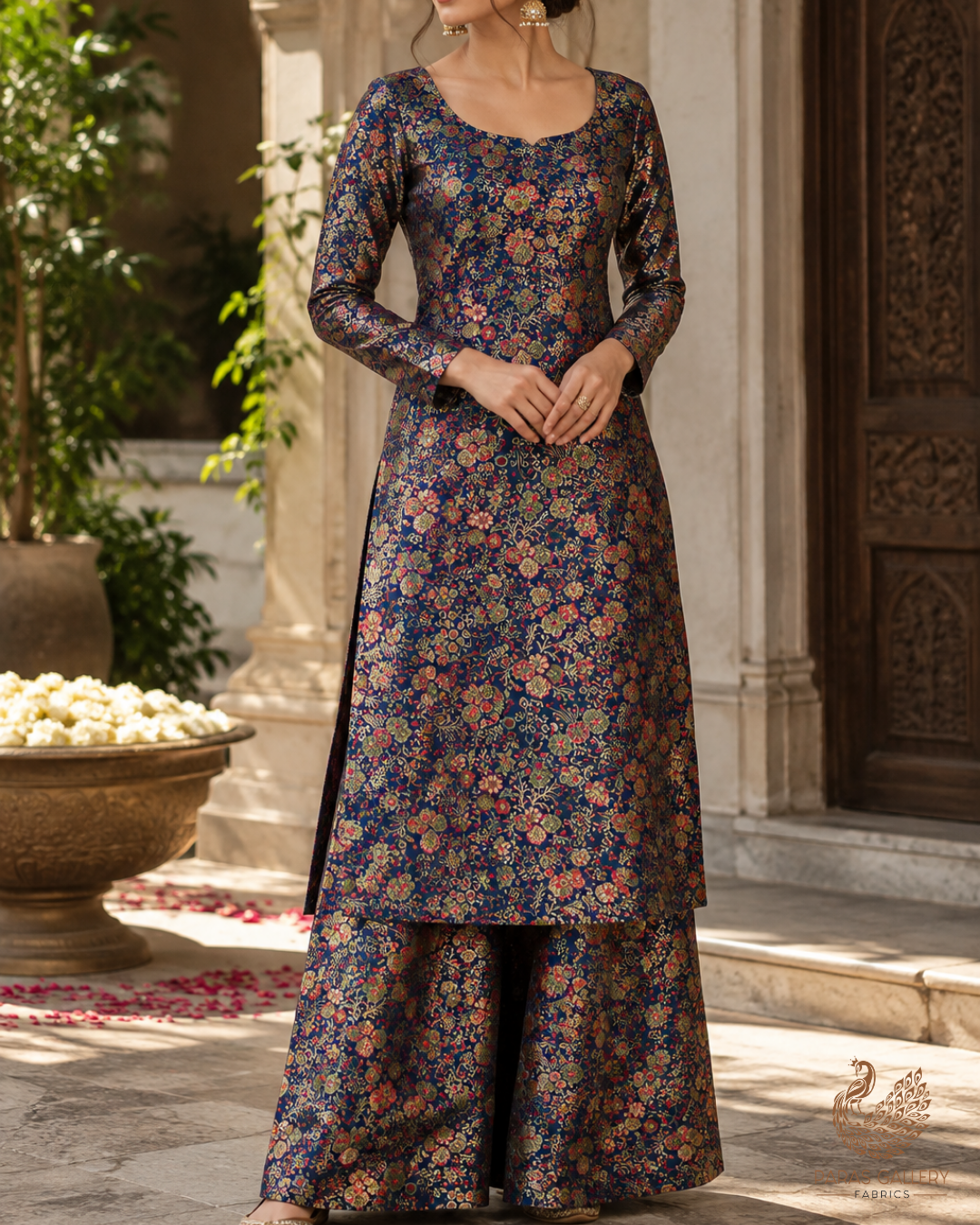 Navy Blue Banarasi Brocade Fabric With All Over Thread And Zari Handloom 24527