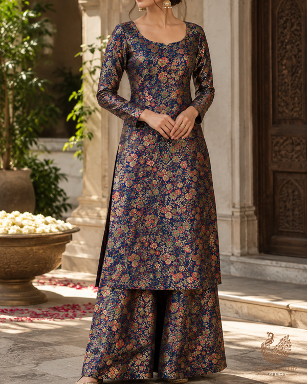 Navy Blue Banarasi Brocade Fabric With All Over Thread And Zari Handloom 24527