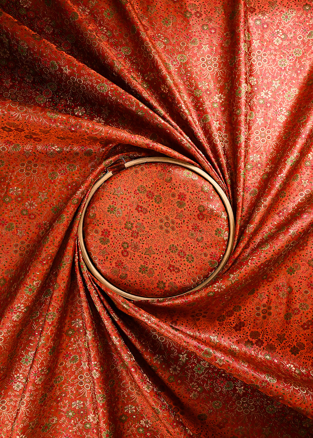 Orange Banarasi Brocade Fabric With All Over Thread And Zari Handloom 24528