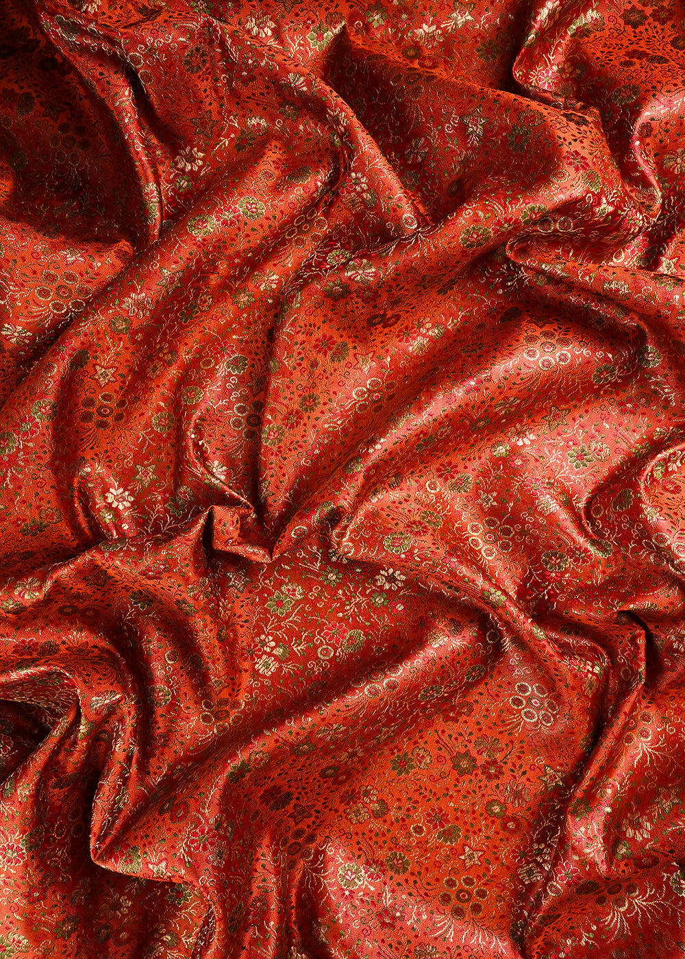 Orange Banarasi Brocade Fabric With All Over Thread And Zari Handloom 24528