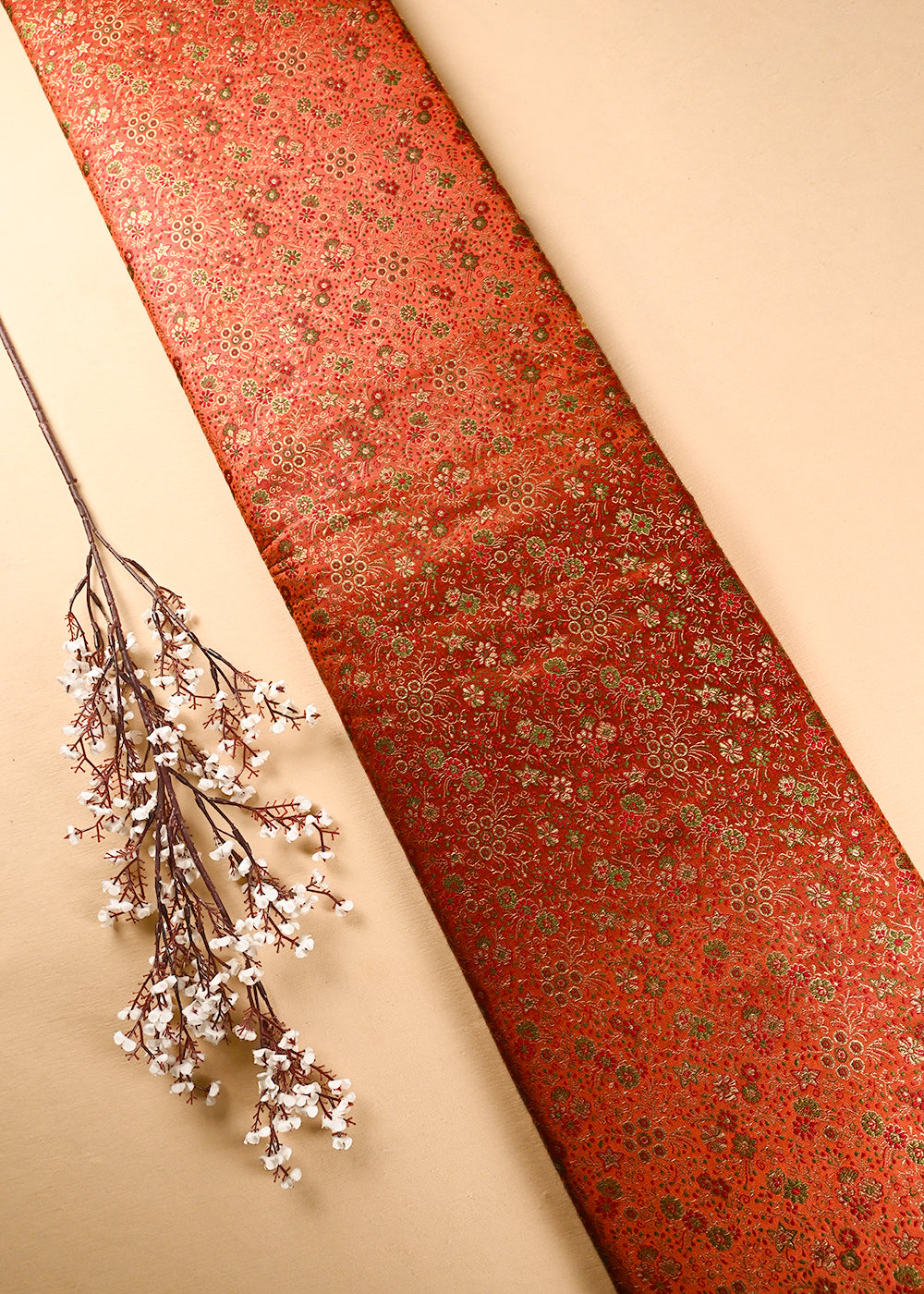 Orange Banarasi Brocade Fabric With All Over Thread And Zari Handloom 24528