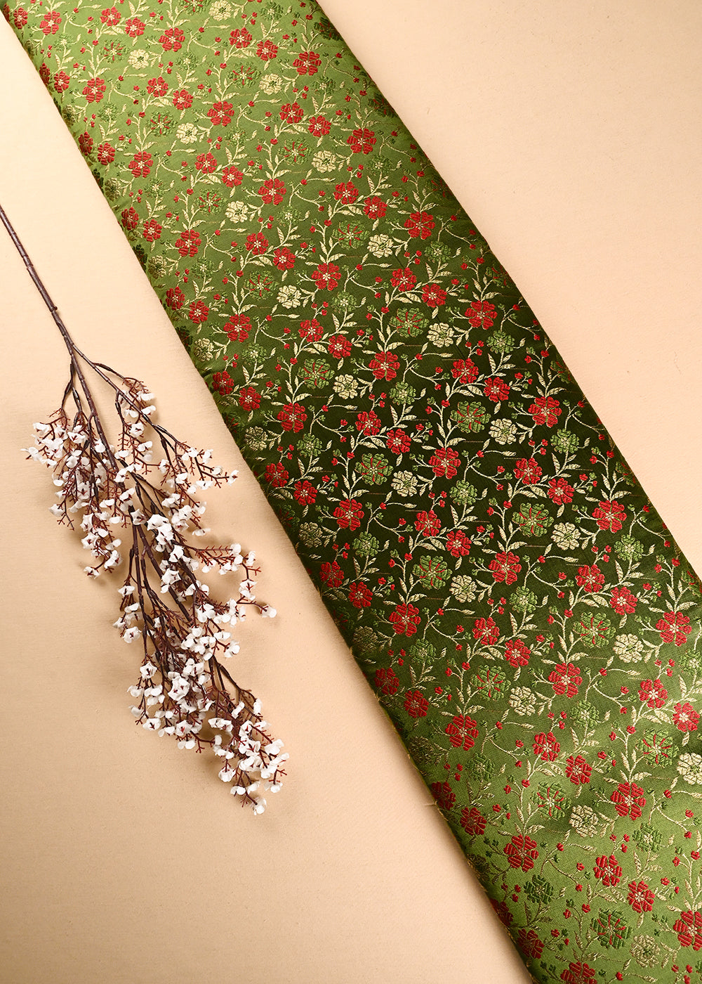 Mehendi Green Banarasi Brocade Fabric With All Over Thread And Zari Handloom 24529