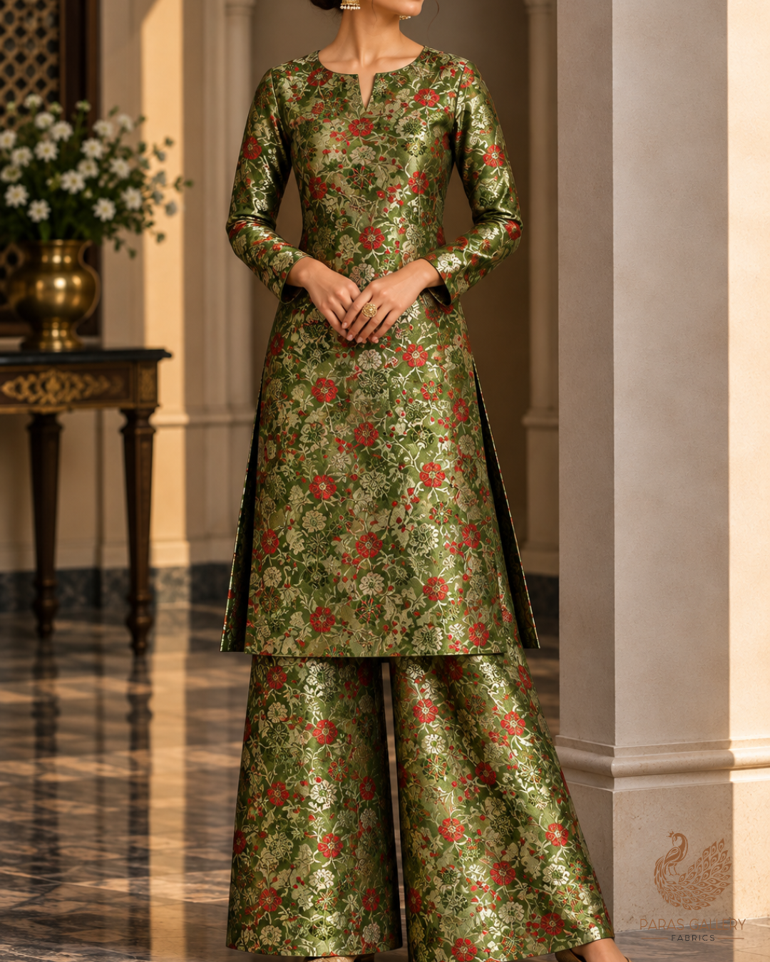 Mehendi Green Banarasi Brocade Fabric With All Over Thread And Zari Handloom 24529