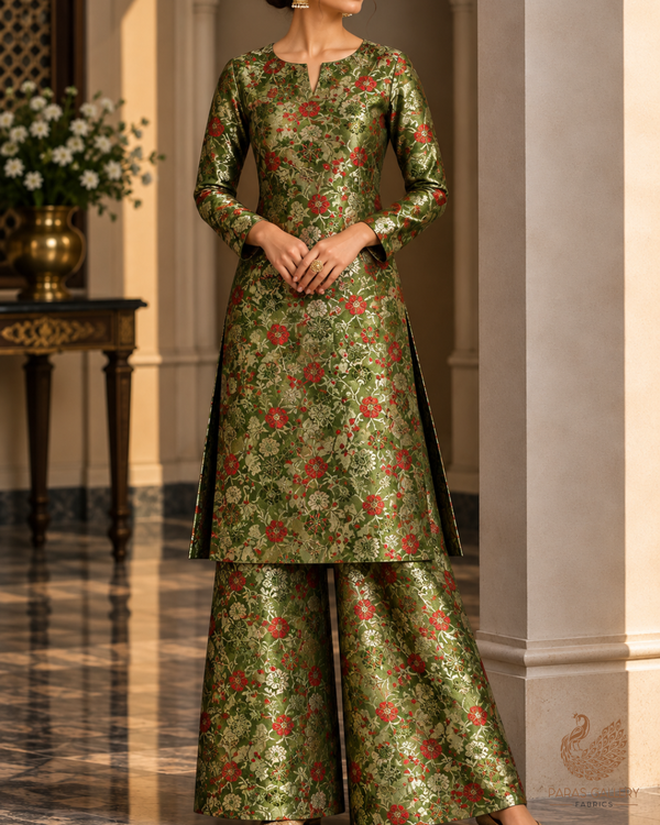 Mehendi Green Banarasi Brocade Fabric With All Over Thread And Zari Handloom 24529