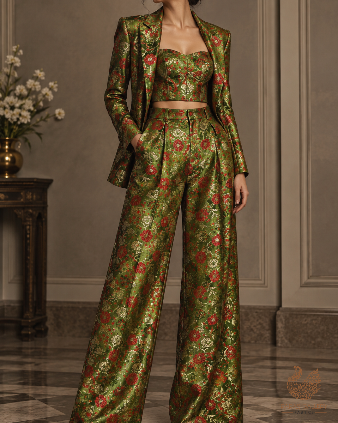 Mehendi Green Banarasi Brocade Fabric With All Over Thread And Zari Handloom 24529